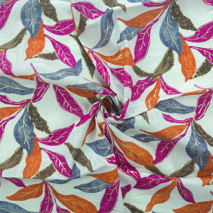 Abstract Botanical Leaf Cambric Cotton Slub Fabric - Pink