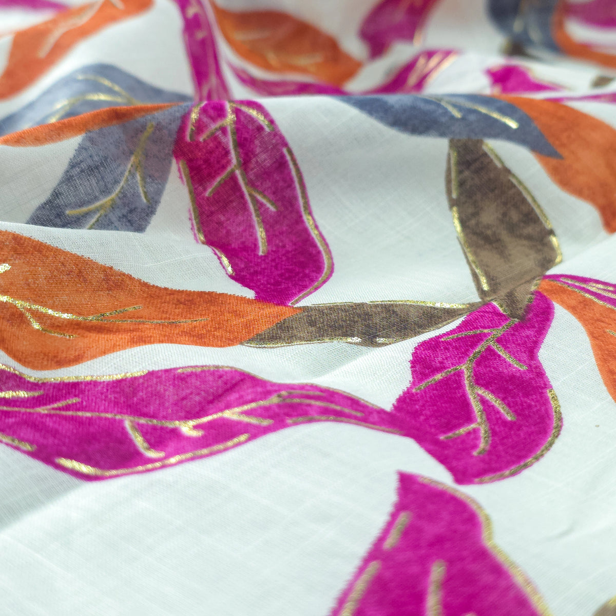 Abstract Botanical Leaf Cambric Cotton Slub Fabric - Pink
