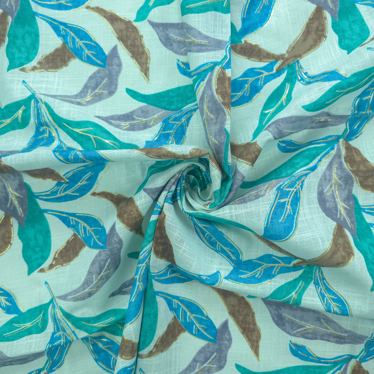 Abstract Botanical Leaf Cambric Cotton Slub Fabric - Blue