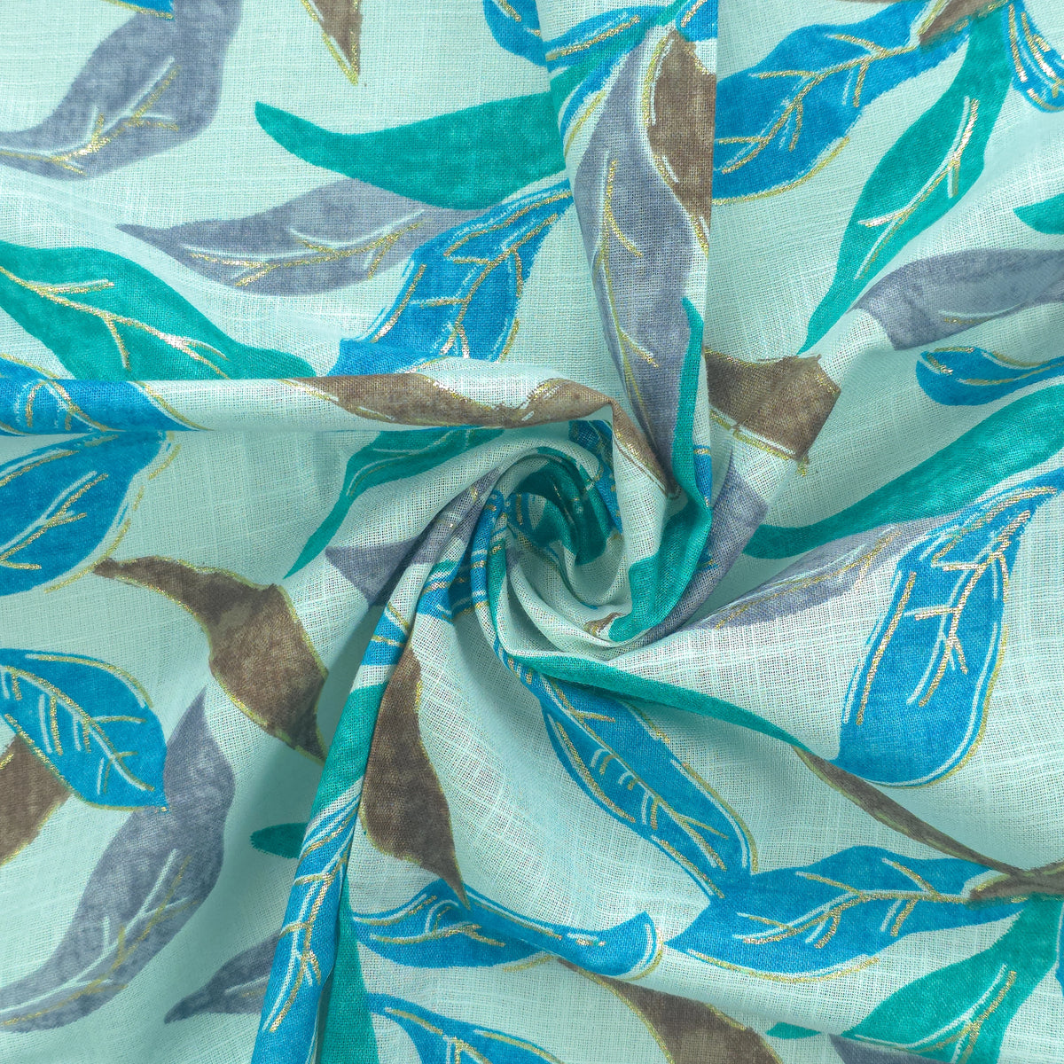 Abstract Botanical Leaf Cambric Cotton Slub Fabric - Blue