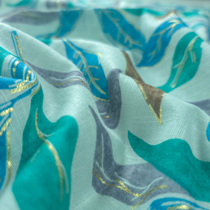 Abstract Botanical Leaf Cambric Cotton Slub Fabric - Blue
