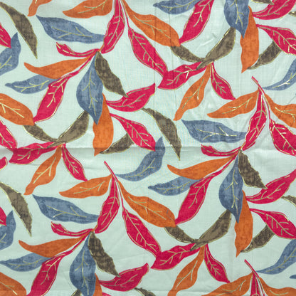 Abstract Botanical Leaf Cambric Cotton Slub Fabric - Red