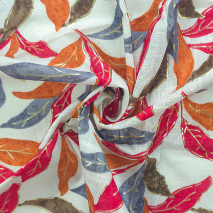 Abstract Botanical Leaf Cambric Cotton Slub Fabric - Red