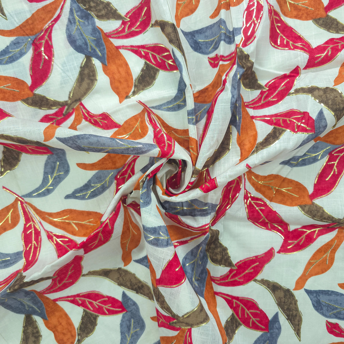 Abstract Botanical Leaf Cambric Cotton Slub Fabric - Red