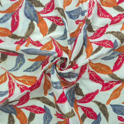 Abstract Botanical Leaf Cambric Cotton Slub Fabric - Red