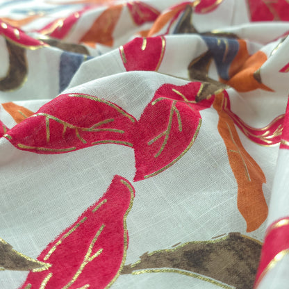 Abstract Botanical Leaf Cambric Cotton Slub Fabric - Red