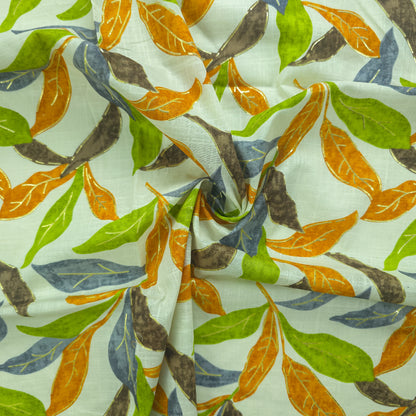Abstract Botanical Leaf Cambric Cotton Slub Fabric - Green