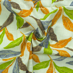 Abstract Botanical Leaf Cambric Cotton Slub Fabric - Green