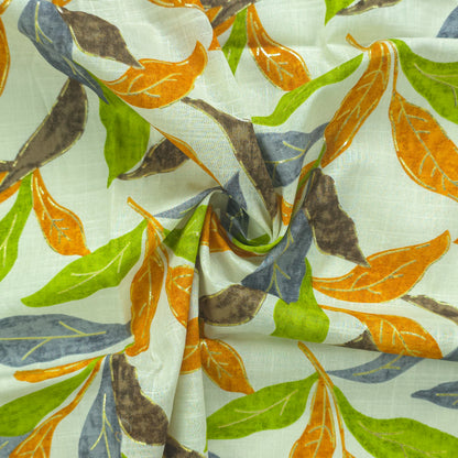 Abstract Botanical Leaf Cambric Cotton Slub Fabric - Green
