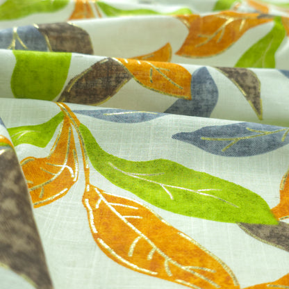 Abstract Botanical Leaf Cambric Cotton Slub Fabric - Green