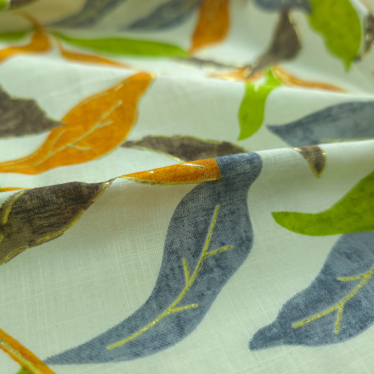 Abstract Botanical Leaf Cambric Cotton Slub Fabric - Green