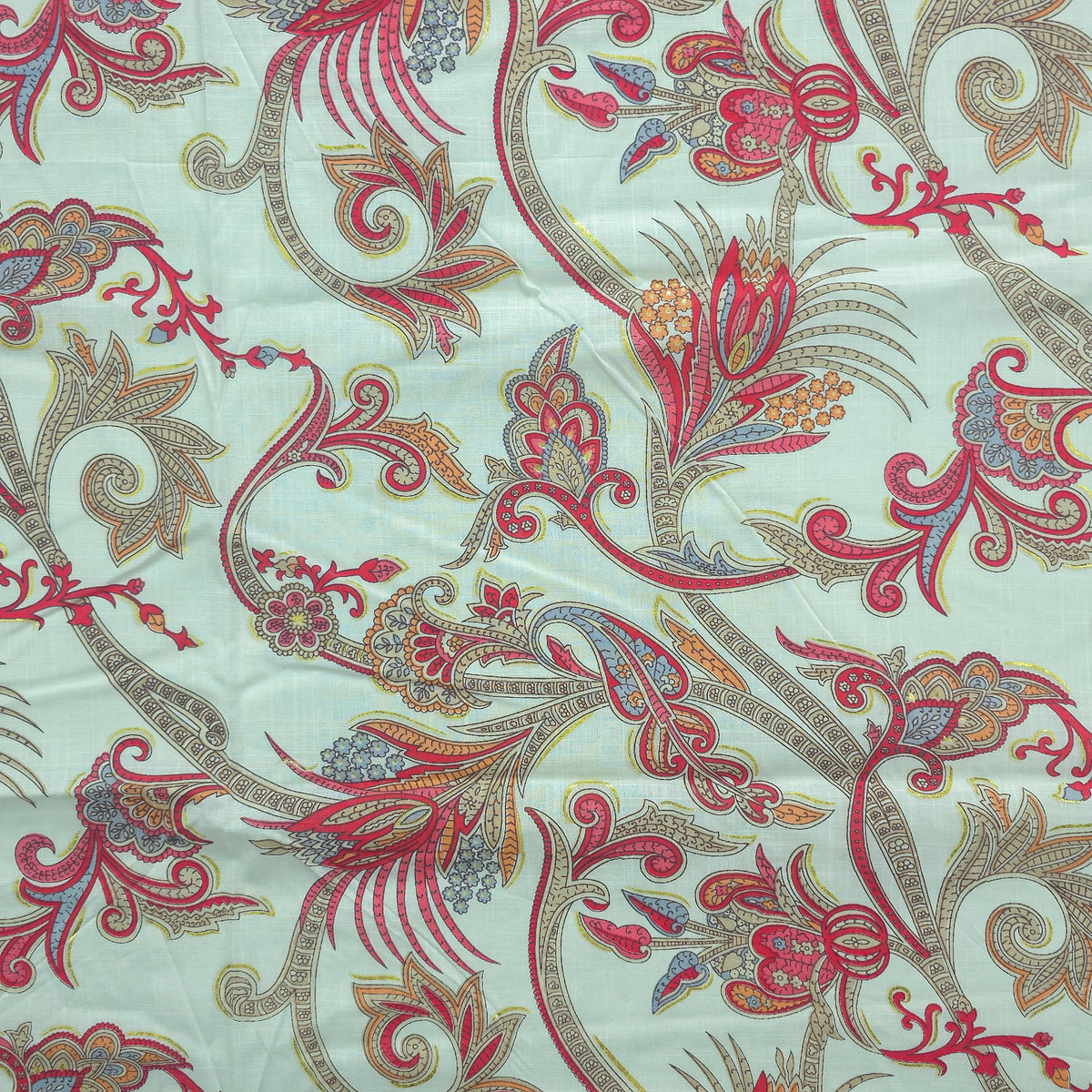 Ornate Paisley Floral Cambric Cotton Slub Fabric - Red