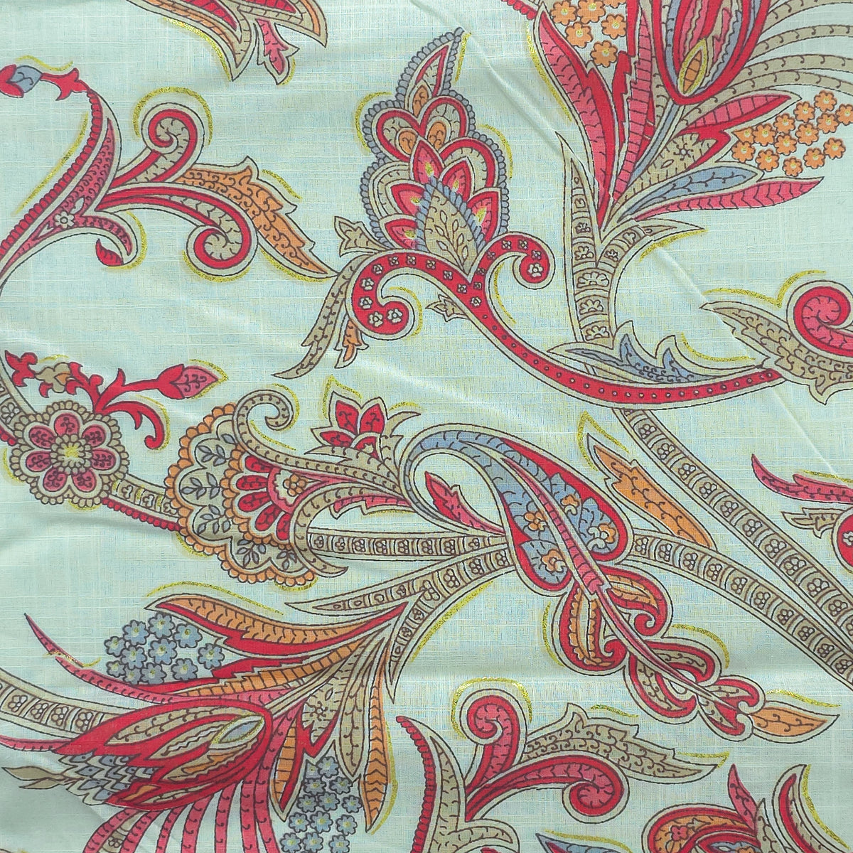 Ornate Paisley Floral Cambric Cotton Slub Fabric - Red