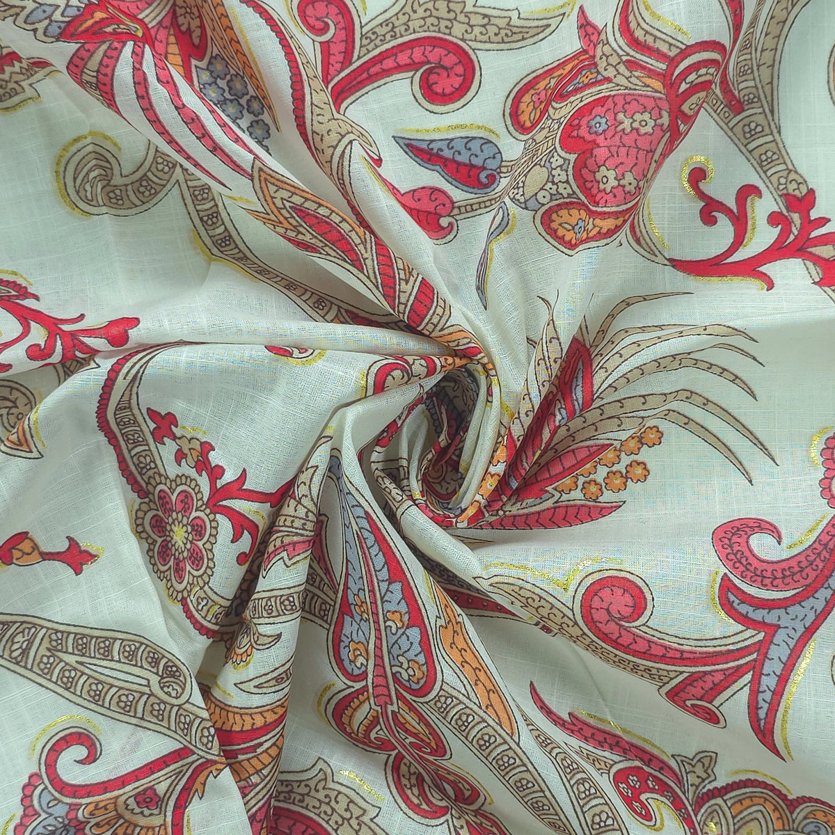 Ornate Paisley Floral Cambric Cotton Slub Fabric - Red