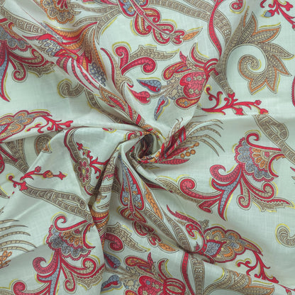 Ornate Paisley Floral Cambric Cotton Slub Fabric - Red