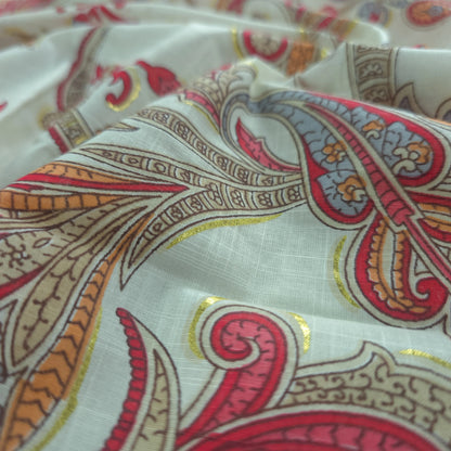 Ornate Paisley Floral Cambric Cotton Slub Fabric - Red