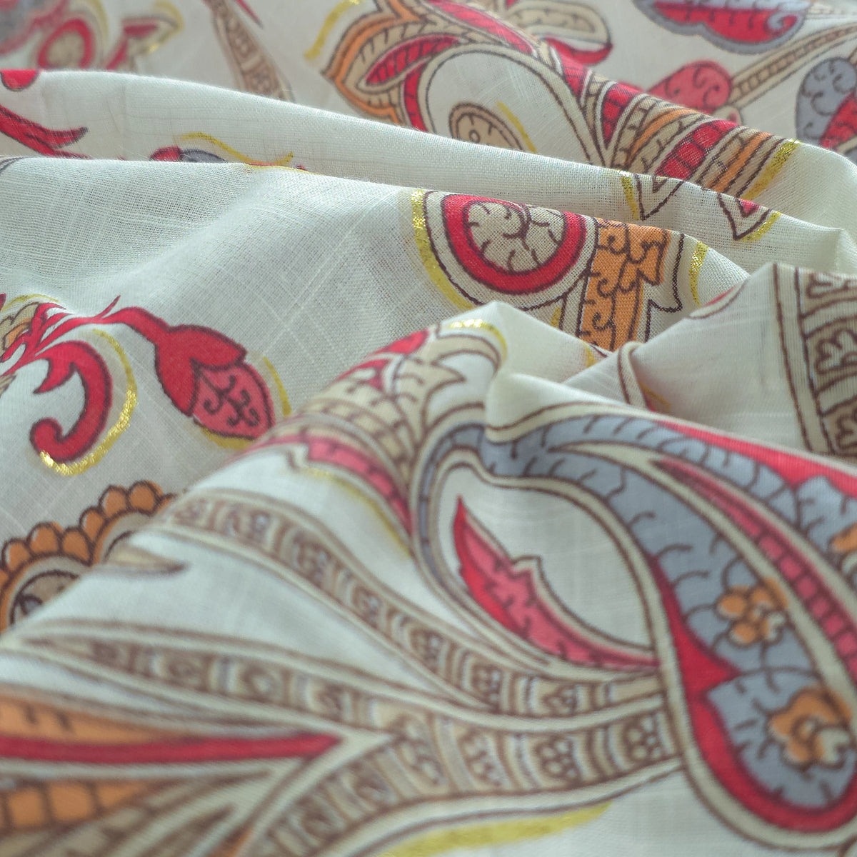 Ornate Paisley Floral Cambric Cotton Slub Fabric - Red