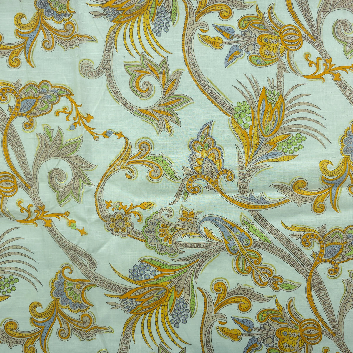 Ornate Paisley Floral Cambric Cotton Slub Fabric - Yellow