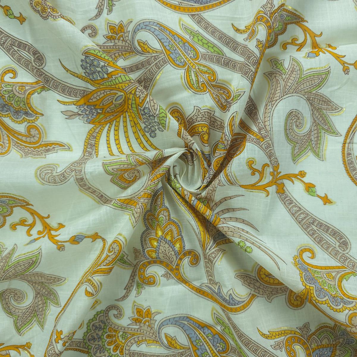 Ornate Paisley Floral Cambric Cotton Slub Fabric - Yellow