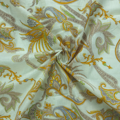 Ornate Paisley Floral Cambric Cotton Slub Fabric - Yellow