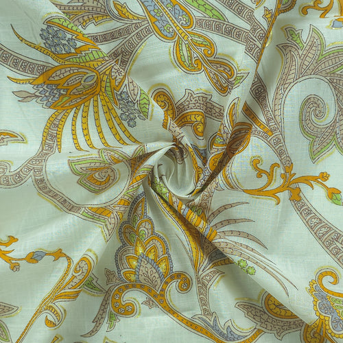 Ornate Paisley Floral Cambric Cotton Slub Fabric - Yellow