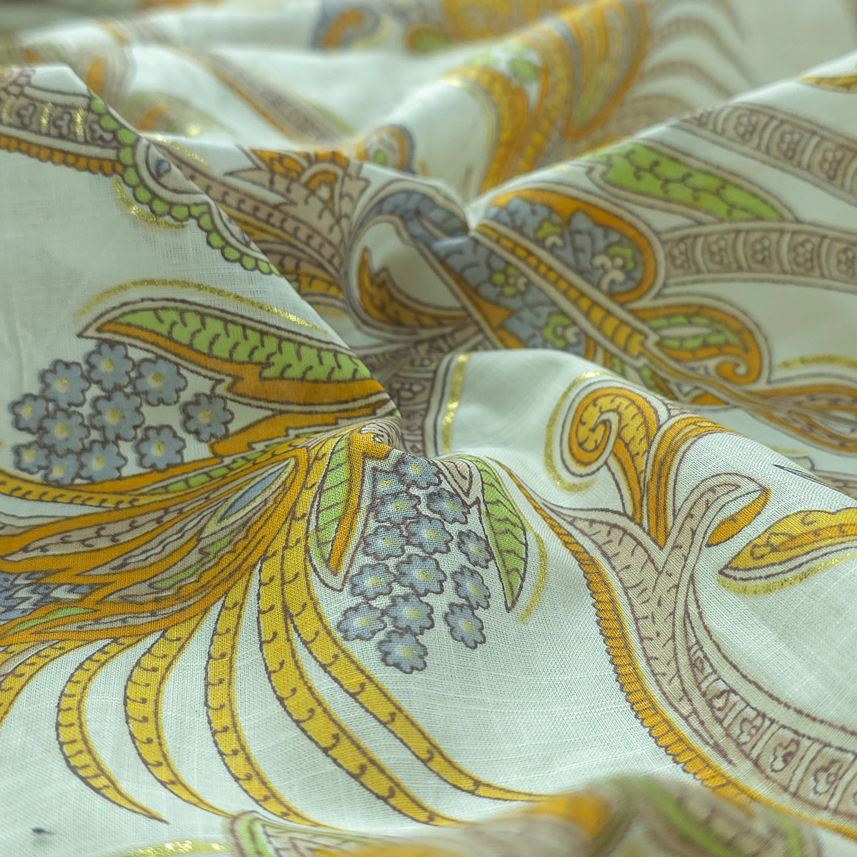 Ornate Paisley Floral Cambric Cotton Slub Fabric - Yellow
