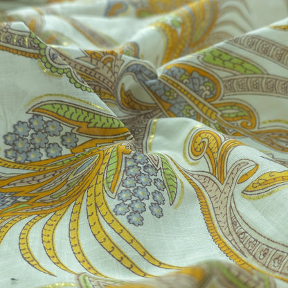 Ornate Paisley Floral Cambric Cotton Slub Fabric - Yellow