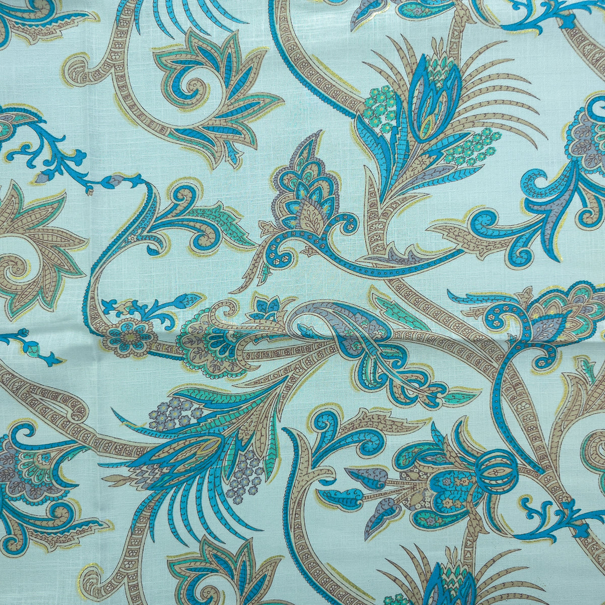 Ornate Paisley Floral Cambric Cotton Slub Fabric - Blue