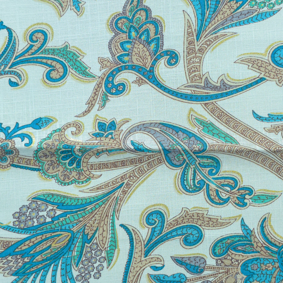Ornate Paisley Floral Cambric Cotton Slub Fabric - Blue