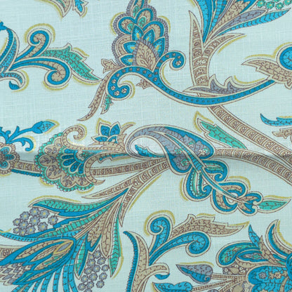 Ornate Paisley Floral Cambric Cotton Slub Fabric - Blue