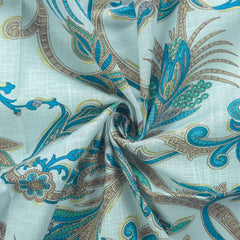 Ornate Paisley Floral Cambric Cotton Slub Fabric - Blue