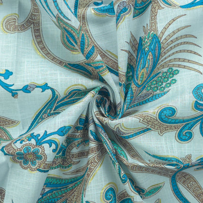 Ornate Paisley Floral Cambric Cotton Slub Fabric - Blue