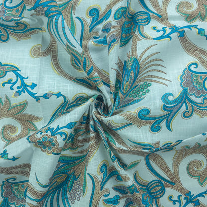Ornate Paisley Floral Cambric Cotton Slub Fabric - Blue