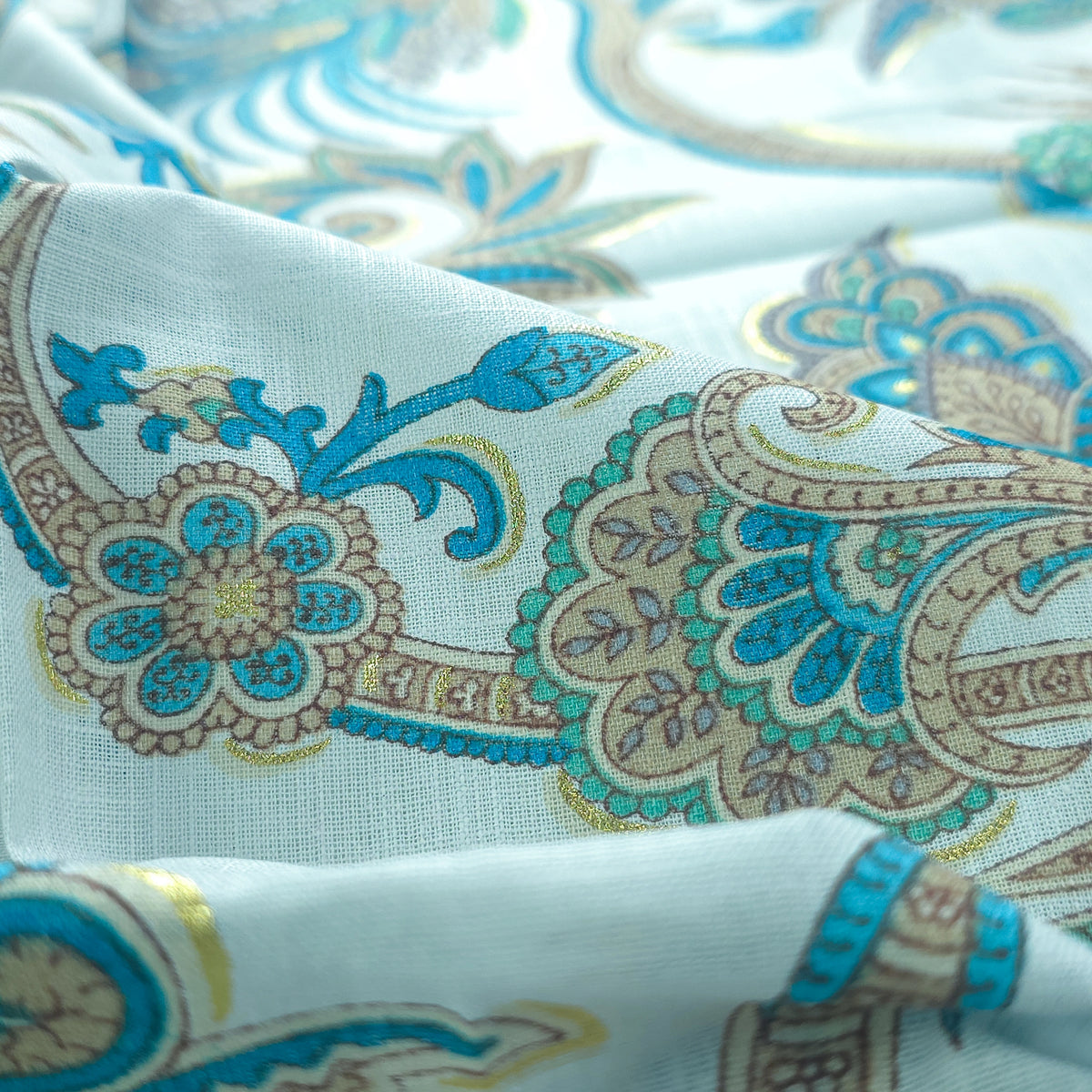 Ornate Paisley Floral Cambric Cotton Slub Fabric - Blue