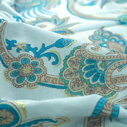 Ornate Paisley Floral Cambric Cotton Slub Fabric - Blue
