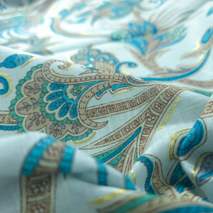 Ornate Paisley Floral Cambric Cotton Slub Fabric - Blue