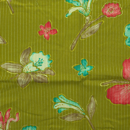 Vibrant Garden Floral Katha Work Rayon Foil Print Fabric - Lemon Green