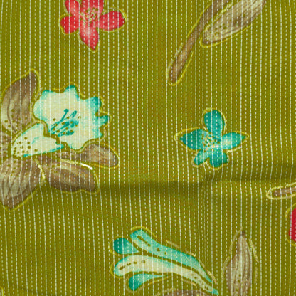 Vibrant Garden Floral Katha Work Rayon Foil Print Fabric - Lemon Green