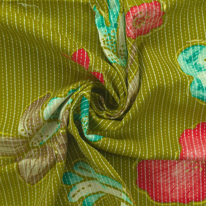 Vibrant Garden Floral Katha Work Rayon Foil Print Fabric - Lemon Green
