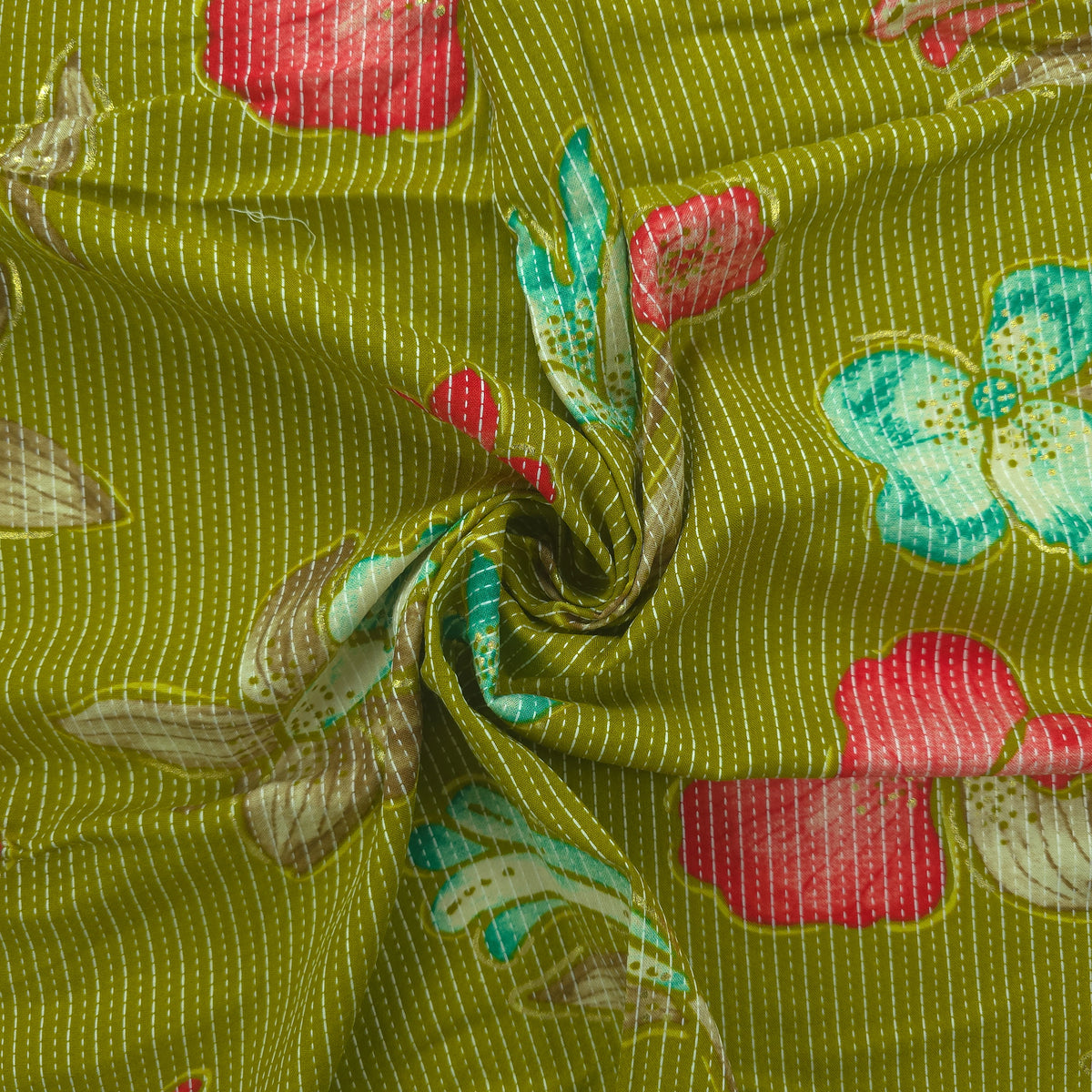 Vibrant Garden Floral Katha Work Rayon Foil Print Fabric - Lemon Green