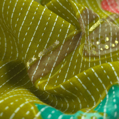 Vibrant Garden Floral Katha Work Rayon Foil Print Fabric - Lemon Green