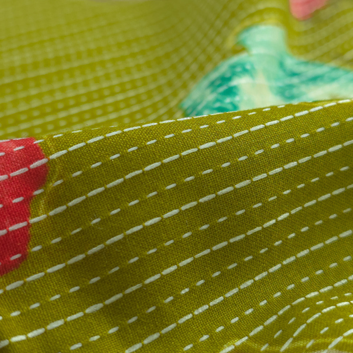 Vibrant Garden Floral Katha Work Rayon Foil Print Fabric - Lemon Green