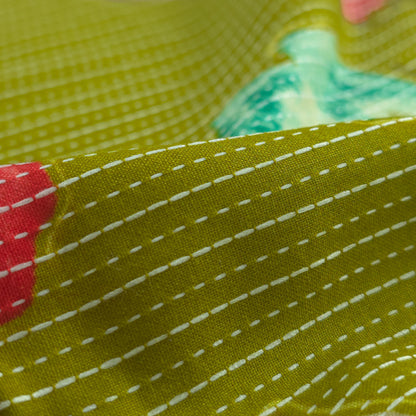 Vibrant Garden Floral Katha Work Rayon Foil Print Fabric - Lemon Green