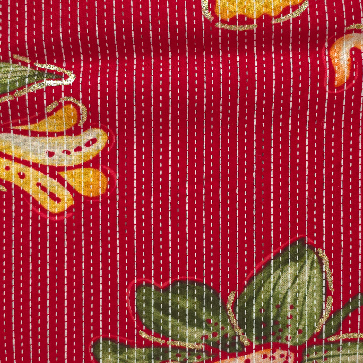 Vibrant Garden Floral Katha Work Rayon Foil Print Fabric - Red