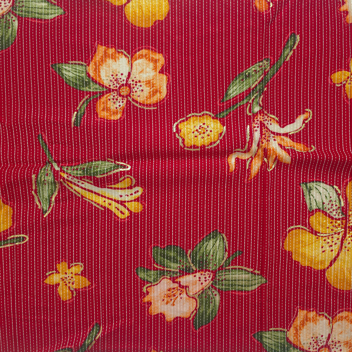 Vibrant Garden Floral Katha Work Rayon Foil Print Fabric - Red