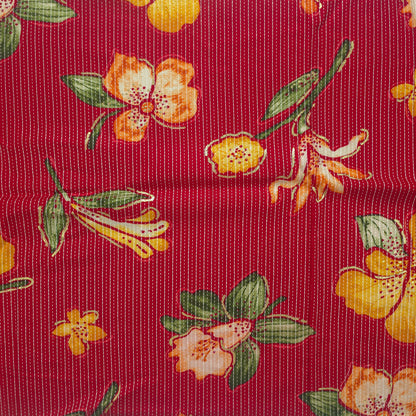 Vibrant Garden Floral Katha Work Rayon Foil Print Fabric - Red