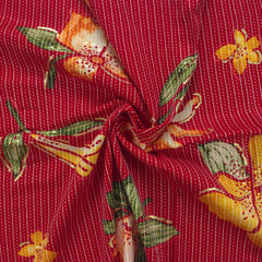 Vibrant Garden Floral Katha Work Rayon Foil Print Fabric - Red
