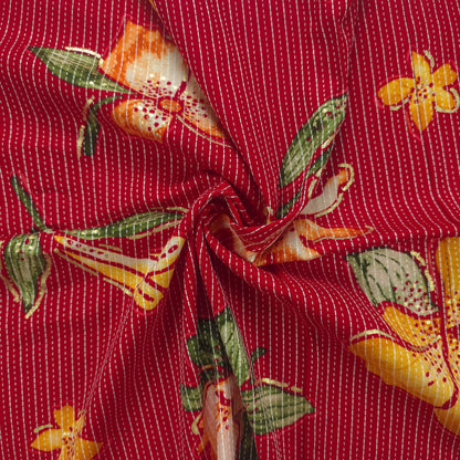 Vibrant Garden Floral Katha Work Rayon Foil Print Fabric - Red
