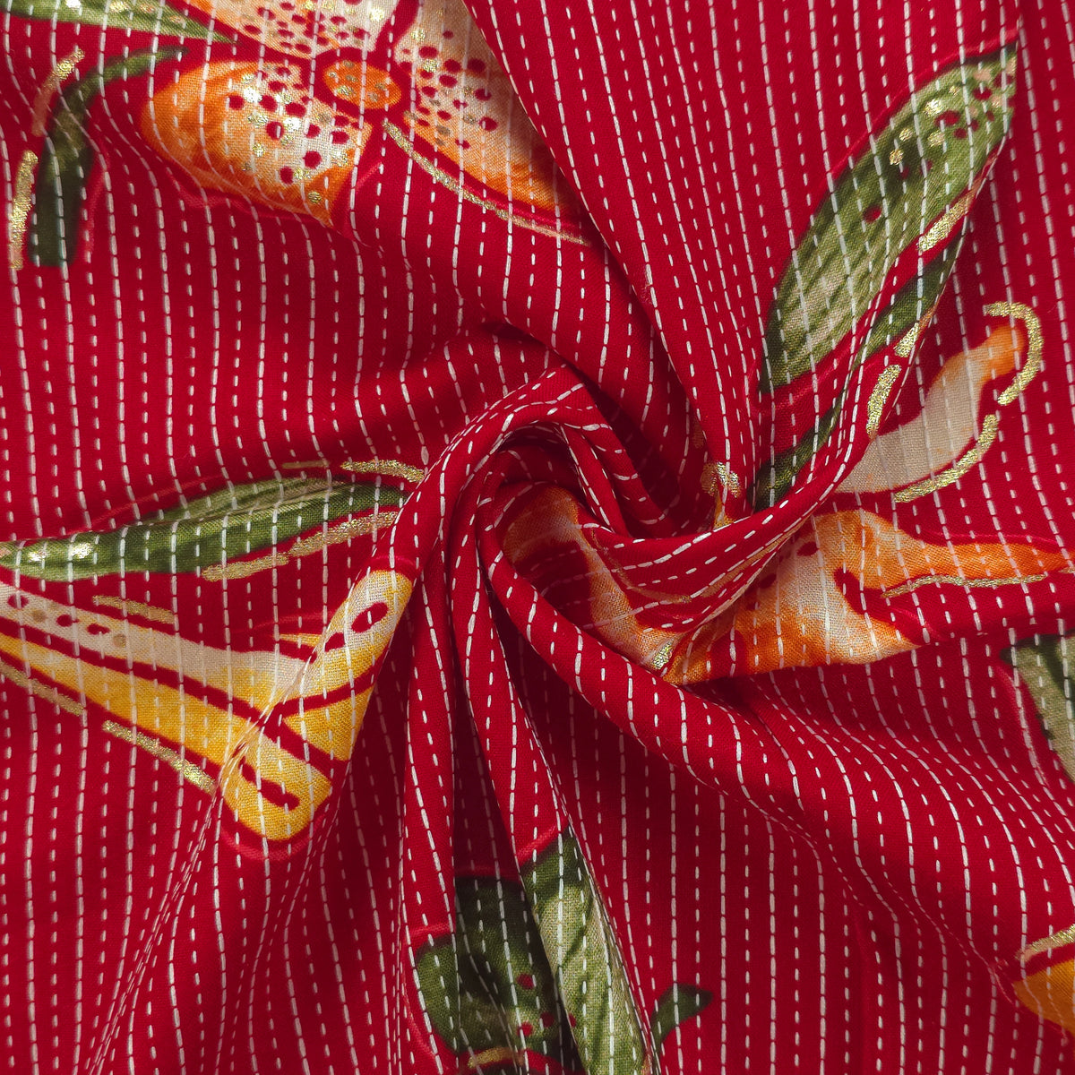 Vibrant Garden Floral Katha Work Rayon Foil Print Fabric - Red