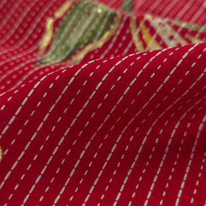 Vibrant Garden Floral Katha Work Rayon Foil Print Fabric - Red